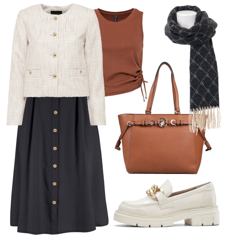 Outfit donna - Outfit per l\'ufficio. Stile Casual per Ufficio. Abbinamento con gonne longuette, mocassini, blazer, top, borse a mano, sciarpe.