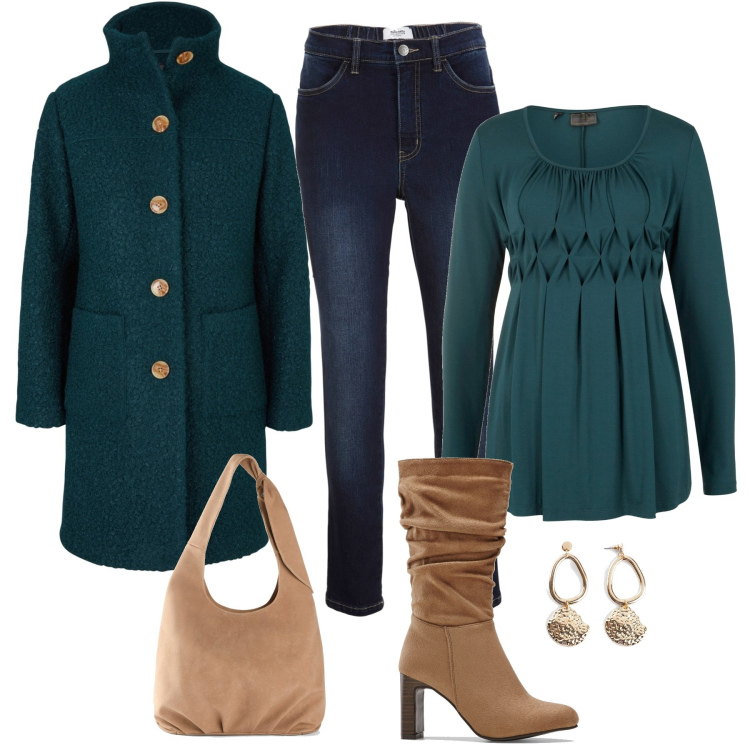 Outfit donna - Sconti BonPrix. Stile Casual chic per Tutti i giorni. Abbinamento con cappotti, maglieria, orecchini, stivali, jeans, borse a tracolla.