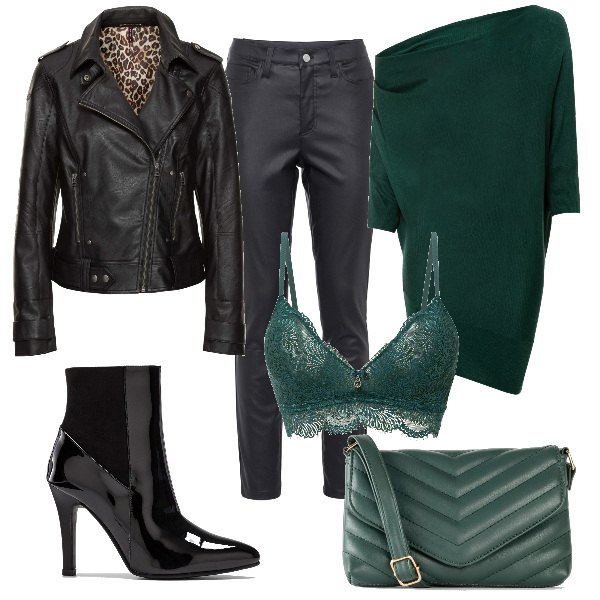 Outfit donna - Total look #1449286. Stile Sexy per Serata fuori. Abbinamento con blazer, bralette, pantaloni skinny, cappotti, borse a tracolla, stivaletti.