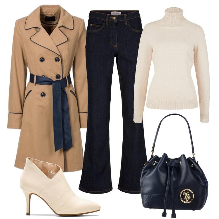 Outfit donna - Trench d\' Autunno. Stile Casual chic per Tutti i giorni. Abbinamento con jeans bootcut, trench, stivaletti, maglieria, borse a mano.