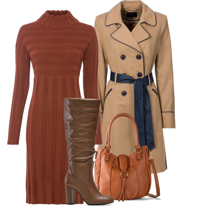 Outfit donna - Passeggiata al parco con BonPrix. Stile Casual chic per Tutti i giorni. Abbinamento con trench, vestiti, stivali, borse a mano.