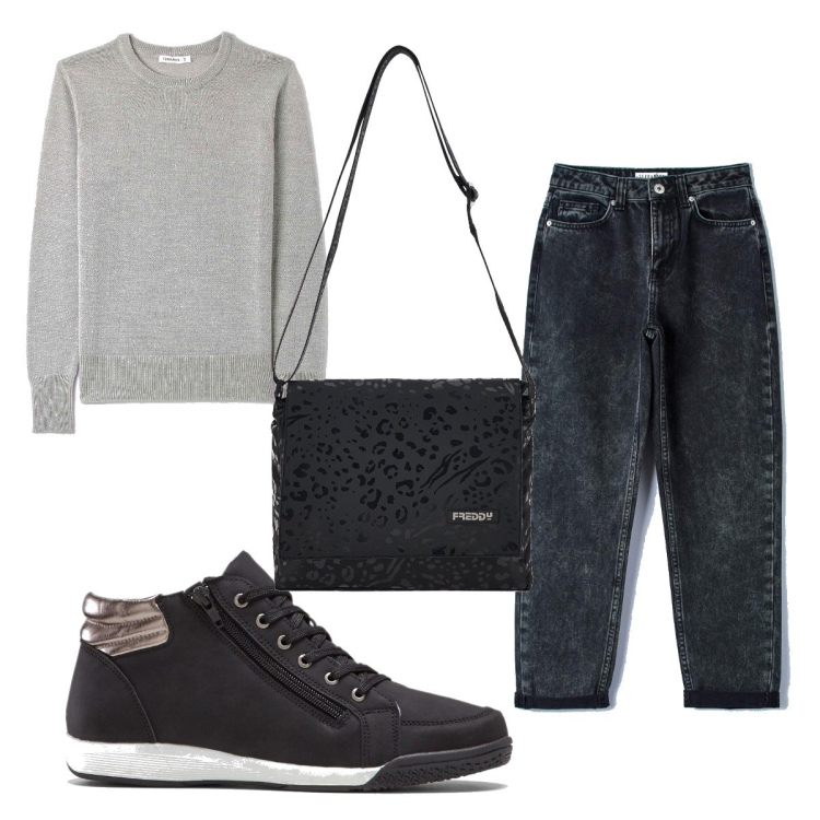Outfit donna - Total look #1449366. Stile Basic per Tutti i giorni. Abbinamento con sneakers alte, jeans dritti, maglieria, borse a tracolla.