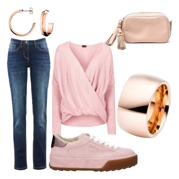 Outfit donna - Basic #13122. Stile Basic per Tutti i giorni. Abbinamento con jeans dritti, pullover con scollo, anello, sneakers rosa, borsa a tracolla con catena e zip con nappine, orecchini in oro rosa.
