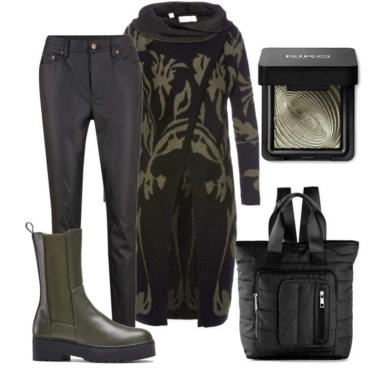 Outfit donna - Trendy in facoltà. Stile Trendy per Scuola/Università. Abbinamento con cardigans, zaini, stivali, pantaloni skinny, ombretti.