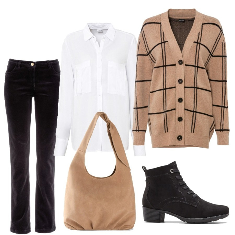 Outfit donna - Il classico cardigan. Stile Basic per Ufficio. Abbinamento con pantaloni, cardigans, camicie, stivaletti, borse a tracolla.