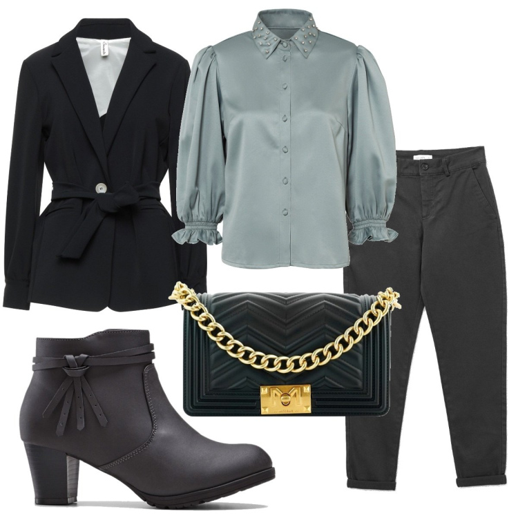 Outfit donna - Total look #1449406. Stile Trendy per Ufficio. Abbinamento con stivaletti, camicie, blazer, borse a tracolla, pantaloni.