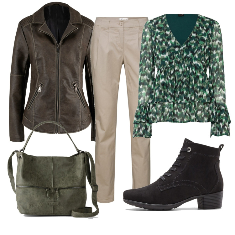 Outfit donna - Casual chic #23110. Stile Casual chic per Ufficio. Abbinamento con pantaloni chino, maglieria, blazer, borse a mano, stivaletti.