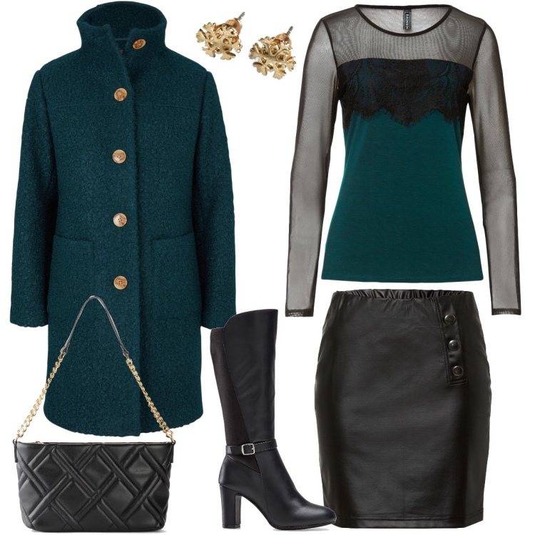 Outfit donna - Total look #1449480. Stile Sexy per Serata fuori. Abbinamento con cappotti, maglieria, gonne, stivali, borse a mano, orecchini.