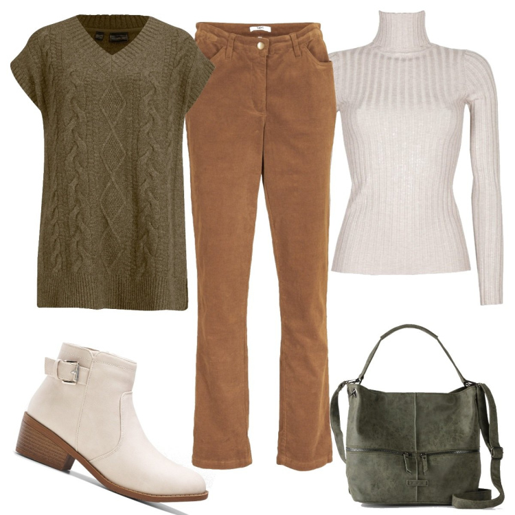 Outfit donna - Il gilet a trecce. Stile Basic per Tutti i giorni. Abbinamento con pantaloni, maglieria, borse a mano, stivaletti, pullovers.