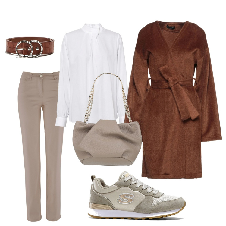 Outfit donna - Terra rilassante. Stile Casual per Tutti i giorni. Abbinamento con sneakers, pantaloni, bluse, cappotti, borse a mano, cinture.
