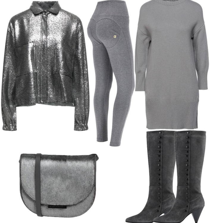 Outfit donna - Stivali alti grigi in camoscio. Stile Casual per Tutti i giorni. Abbinamento con pullovers, stivali, camicie, borse a tracolla, pantaloni skinny.