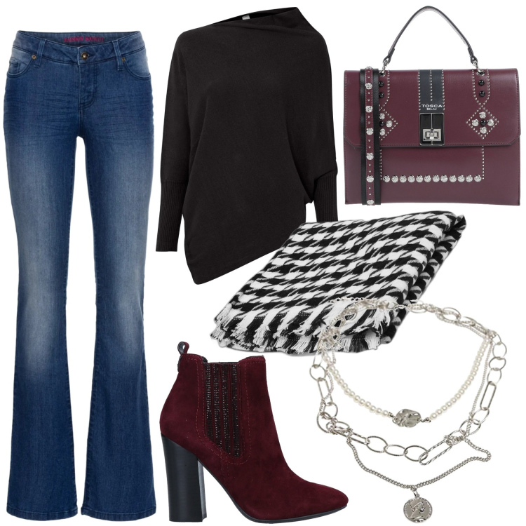 Outfit donna - Serata in jeans. Stile Casual chic per Serata fuori. Abbinamento con jeans bootcut, maglieria, stivaletti, borse a mano, cappe, ciondoli.