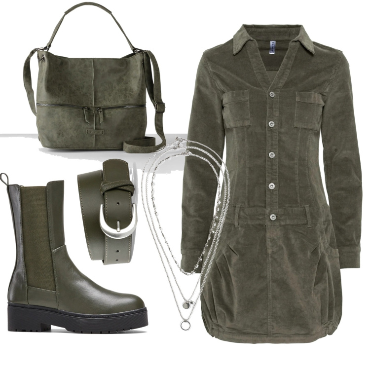 Outfit donna - Verde oliva. Stile Trendy per Tutti i giorni. Abbinamento con vestiti, stivali, borse a mano, cinture, collane.