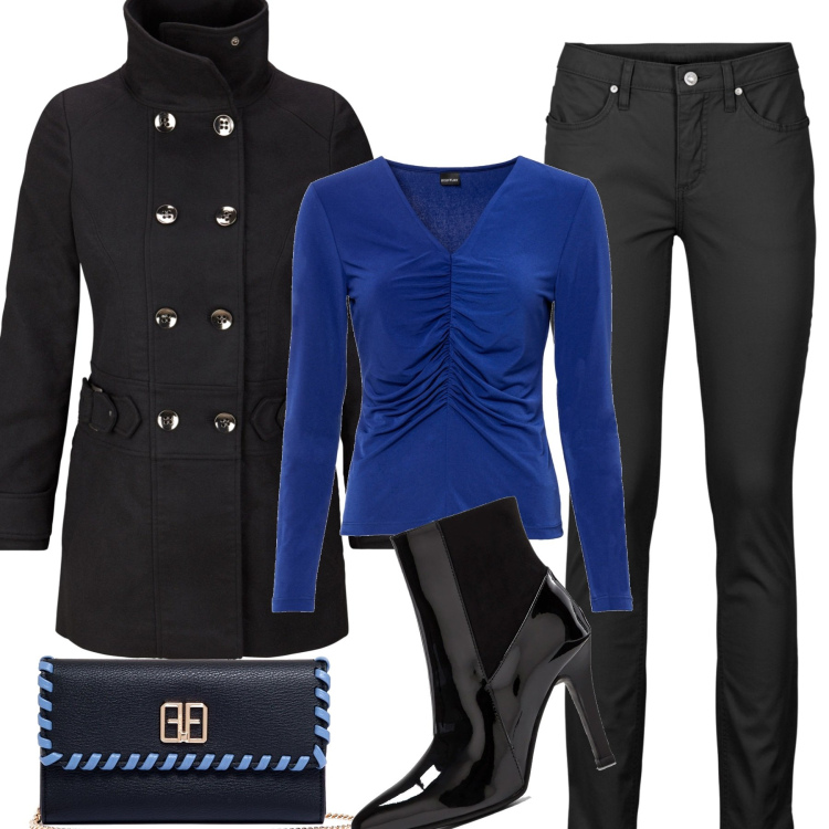 Outfit donna - Il cappottino corto. Stile Casual chic per Tutti i giorni. Abbinamento con jeans skinny, blazer, maglieria, stivaletti, pochette.