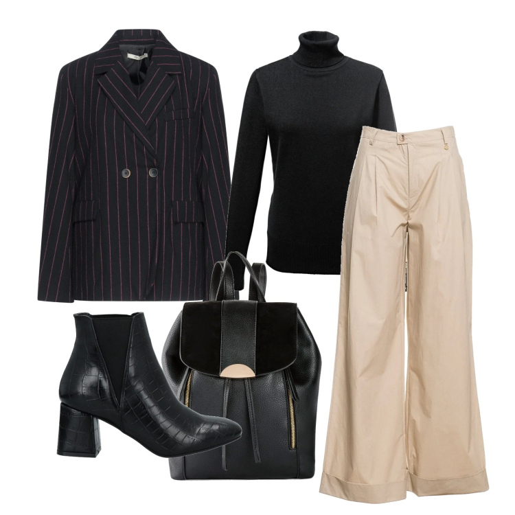 Outfit donna - Passo svelto sempre. Stile Glamour per Tutti i giorni. Abbinamento con maglieria, zaini, blazer, stivaletti, pantaloni.