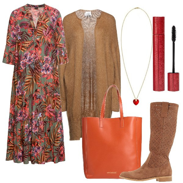 Outfit donna - Total look #1449835. Stile Boho per Tutti i giorni. Abbinamento con vestiti lunghi, stivali, cardigans, borse a mano, ciondoli, mascara.