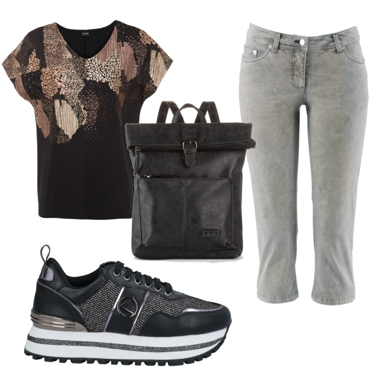 Outfit donna - Total look #1449868. Stile Trendy per Tutti i giorni. Abbinamento con maglieria, zaini, pantaloni capri, sneakers.