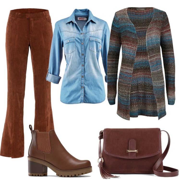 Outfit donna - BonPrix black Friday. Stile 70s per Tutti i giorni. Abbinamento con camicie, stivaletti chelsea, cardigans, pantaloni, borse a tracolla.