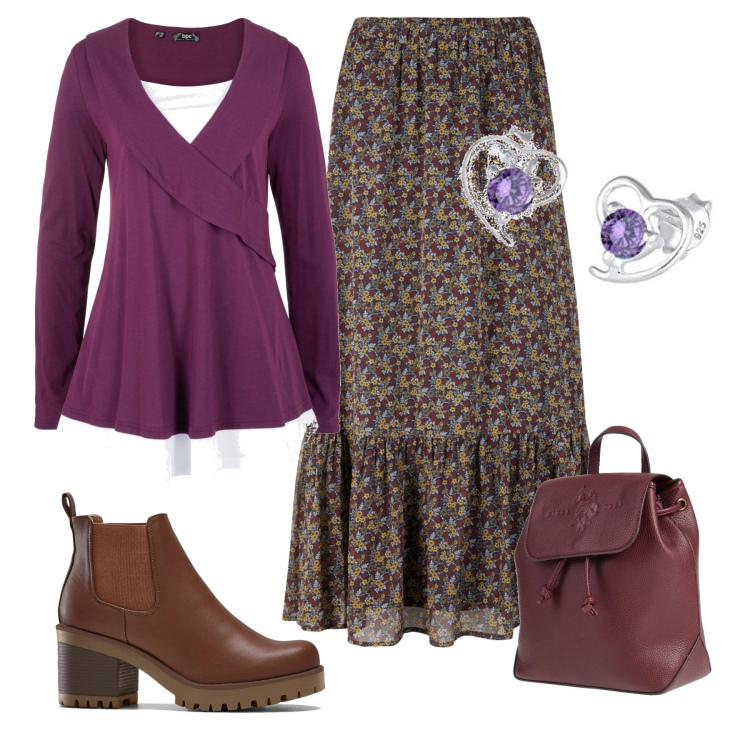 Outfit donna - Comoda in viola. Stile Casual per Tutti i giorni. Abbinamento con stivaletti chelsea, tuniche, gonne, zaini, orecchini.