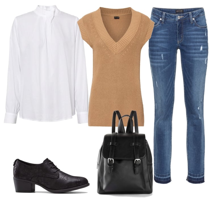 Outfit donna - Informale in ufficio. Stile Casual per Tutti i giorni. Abbinamento con blazer, jeans skinny, bluse, zaini, francesine.