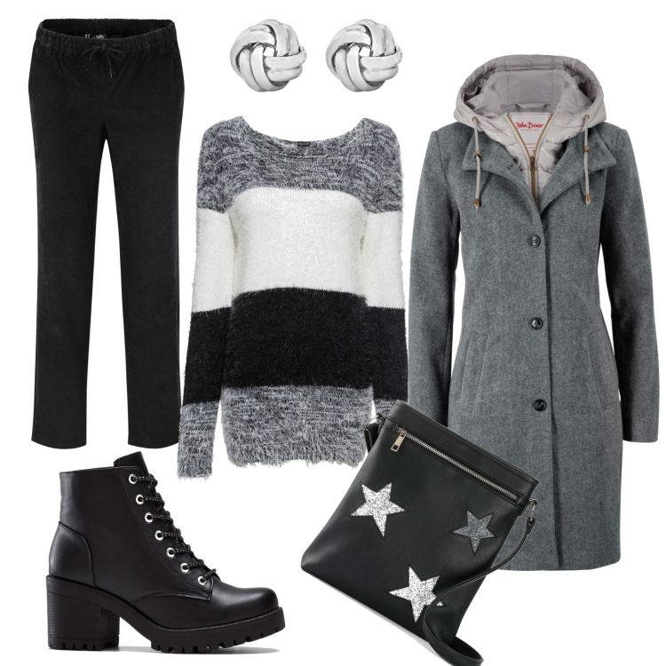 Outfit donna - Il maglione a righe. Stile Sporty chic per Ufficio. Abbinamento con cappotti, stivaletti, pantaloni, maglieria, borse a tracolla, orecchini.