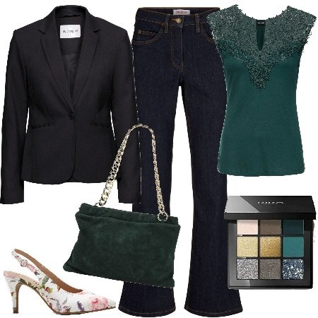 Outfit donna - Il jeans per una serata fuori. Stile Glamour per Serata fuori. Abbinamento con jeans bootcut, blazer, top, décolleté, borse a mano, ombretti.