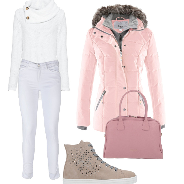 Outfit donna - Total look #1450000. Stile Trendy per Tutti i giorni. Abbinamento con piumini, maglieria, sneakers, borse a mano, pantaloni skinny.