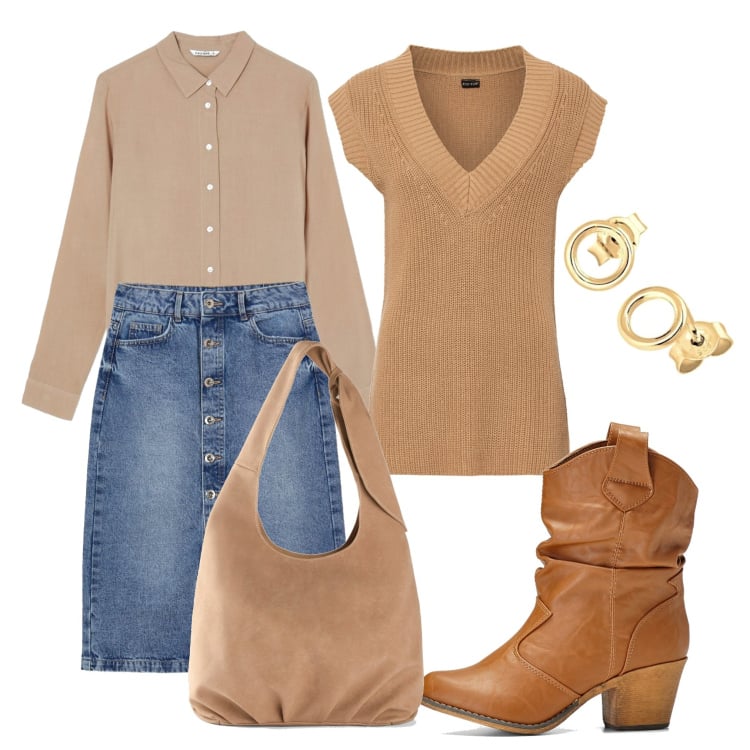 Outfit donna - I texani caramello. Stile Casual per Tutti i giorni. Abbinamento con blazer, stivaletti texani, borse a tracolla, gonne longuette, camicie, orecchini.