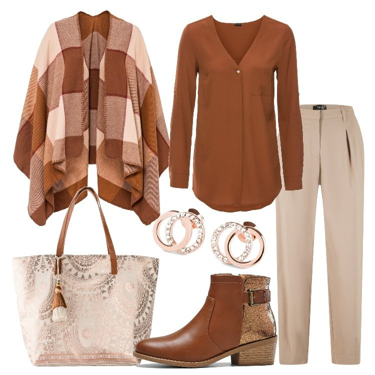 Outfit donna - Bellissima! Sconti Pre Black Friday!. Stile Casual per Tutti i giorni. Abbinamento con camicie, pantaloni, cappotti, shopping bag, stivaletti, orecchini.