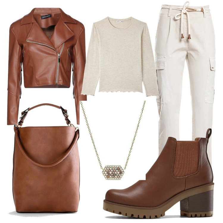 Outfit donna - Casual #18182. Stile Casual per Tutti i giorni. Abbinamento con stivaletti chelsea, shopping bag, giacche, t-shirt, pantaloni cargo, collane.