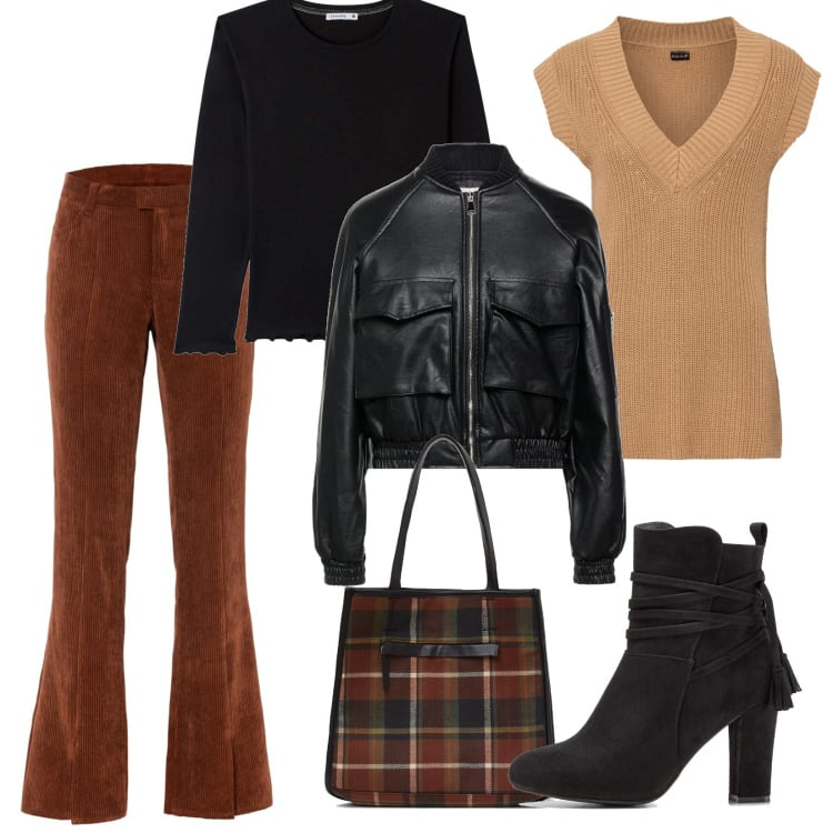 Outfit donna - La giacca di pelle. Stile 70s per Tutti i giorni. Abbinamento con giacche, blazer, pantaloni, stivaletti, t-shirt, shopping bag.