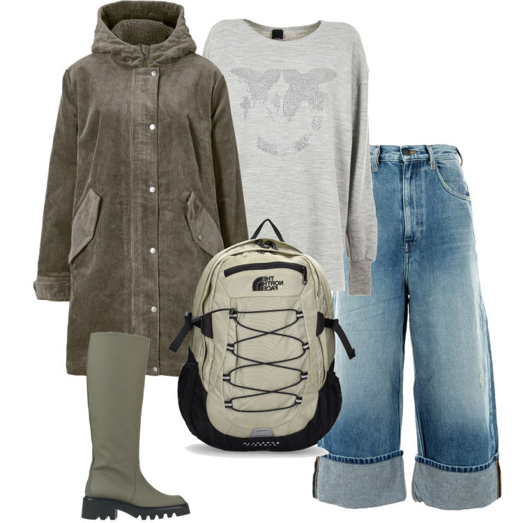 Outfit donna - Con lo zaino. Stile Casual per Scuola/Università. Abbinamento con parka, stivali, jeans, maglieria, zaini.