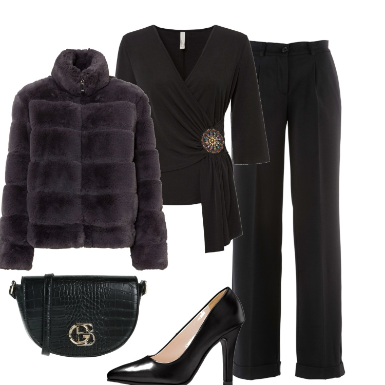 Outfit donna - Elegante tutti i giorni. Stile Casual chic per Tutti i giorni. Abbinamento con pantaloni, maglieria, ecopellicce, décolleté, borse a tracolla.