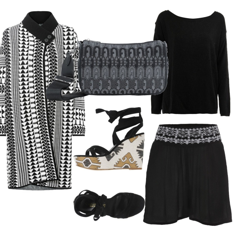 Outfit donna - Total look #1450390. Stile Etnico per Tutti i giorni. Abbinamento con shorts, cardigans, borse a tracolla, sandali in pelle, maglieria.