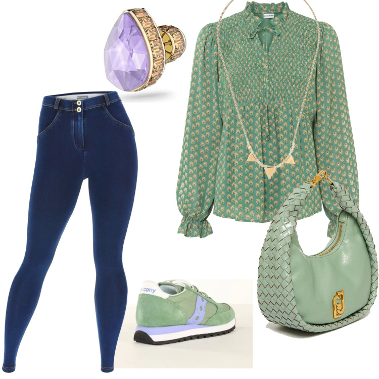 Outfit donna - Green city. Stile Casual per Tutti i giorni. Abbinamento con bluse, pantaloni, borse a spalla, sneakers, collane, orecchini.