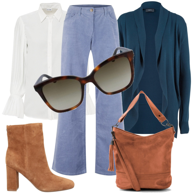 Outfit donna - Polvere. Stile Casual chic per Tutti i giorni. Abbinamento con cardigans, pantaloni, camicie, borse a tracolla, stivaletti, occhiali da sole.
