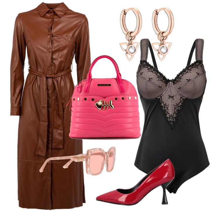 Outfit donna - Atmosfera anni 50. Stile Chic per Ufficio. Abbinamento con body, décolleté, vestiti lunghi, borse a mano, occhiali da sole, orecchini.