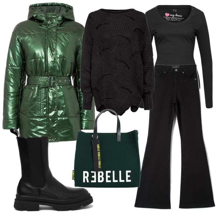 Outfit donna - Black nd green. Stile Urban per Tutti i giorni. Abbinamento con body, maglieria, giacche, borse a mano, pantaloni, stivali.