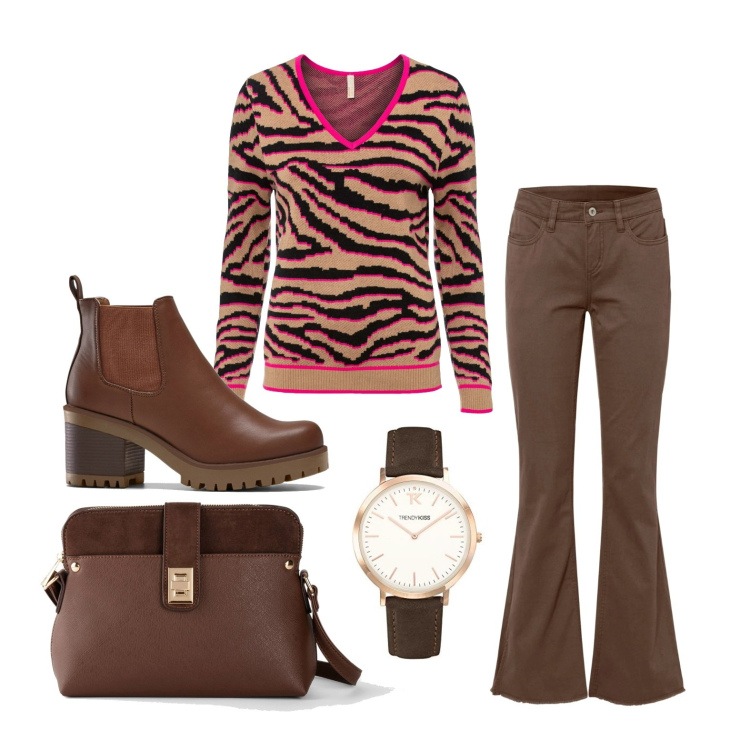 Outfit donna - In tema con la stagione in corso. Stile Casual per Tutti i giorni. Abbinamento con stivaletti chelsea, pantaloni, maglieria, borse a tracolla, orologi.