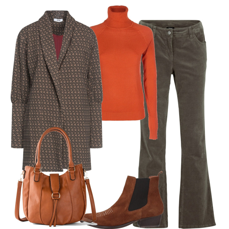 Outfit donna - Total look #1450546. Stile Vintage retrò per Tutti i giorni. Abbinamento con pantaloni, borse a mano, cappotti, stivaletti, maglieria.