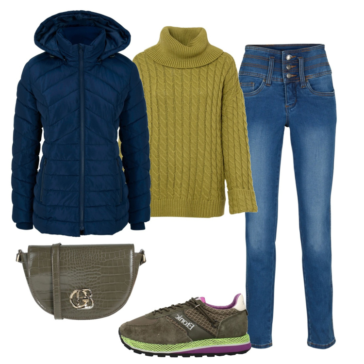 Outfit donna - In città. Stile Casual per Tutti i giorni. Abbinamento con giacche, maglieria, jeans, sneakers, borse a tracolla.