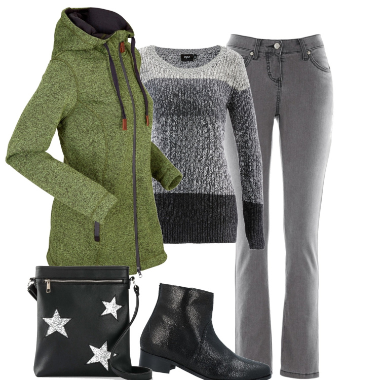Outfit donna - In movimento. Stile Casual per Tutti i giorni. Abbinamento con maglieria, jeans slim fit, blazer, borse a tracolla, stivaletti.