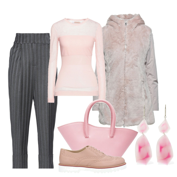 Outfit donna - Domenica rosa. Stile Bon Ton per Tutti i giorni. Abbinamento con scarpe stringate, cappotti, pantaloni, pullovers, orecchini, borse a mano.