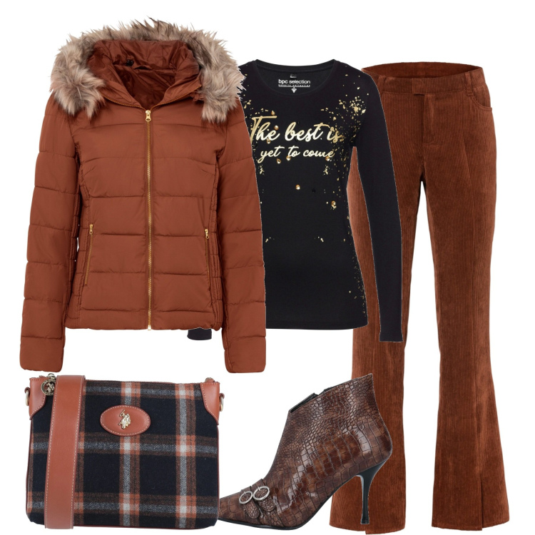 Outfit donna - In città. Stile Casual per Tutti i giorni. Abbinamento con giacche, pantaloni, maglieria, stivaletti, borse a tracolla.