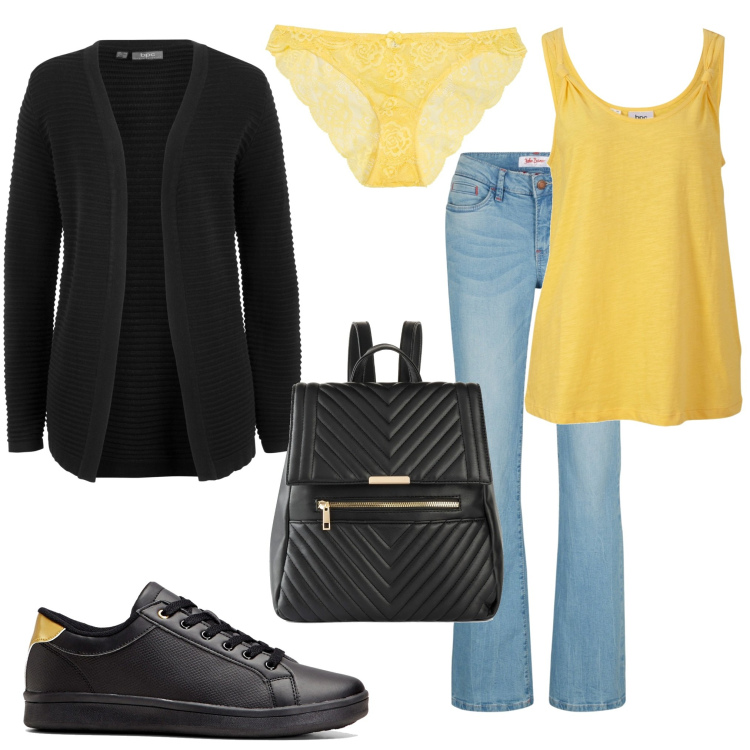 Outfit donna - Sconti!. Stile Casual per Tutti i giorni. Abbinamento con sneakers, jeans bootcut, cardigans, top, zaini, slip.
