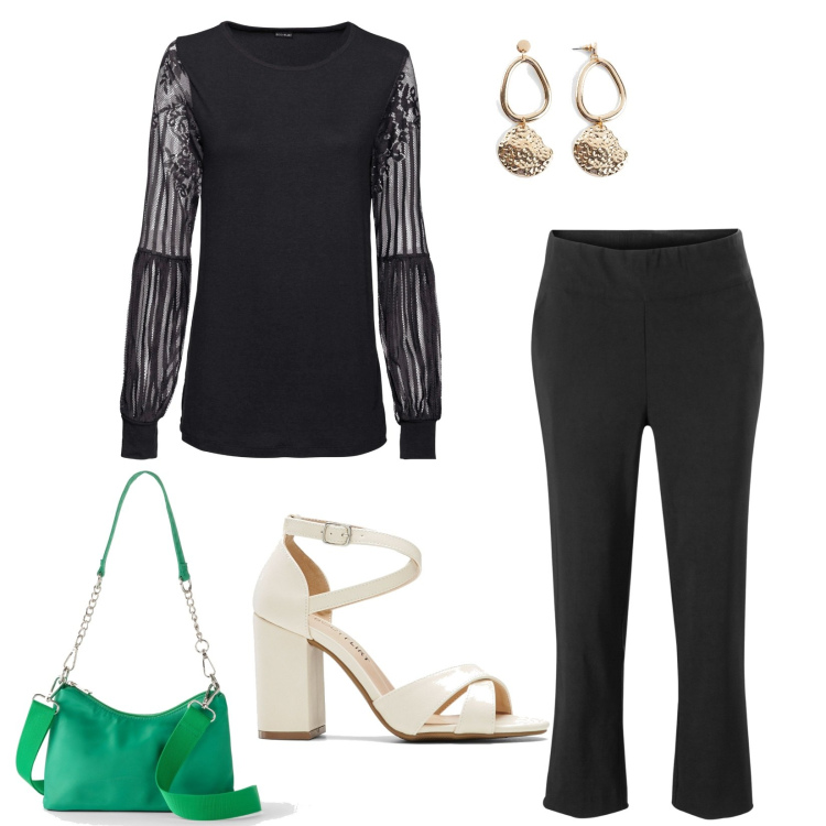 Outfit donna - Cena di lavoro. Stile Chic per Serata fuori. Abbinamento con bluse, pantaloni, sandali col tacco, borse a tracolla, orecchini.