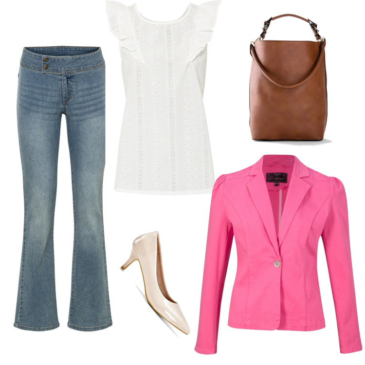 Outfit donna - Elegante e rilassata. Stile Bon Ton per Ufficio. Abbinamento con camicie a manica corta, jeans a zampa, bluse, shopping bag, décolleté.