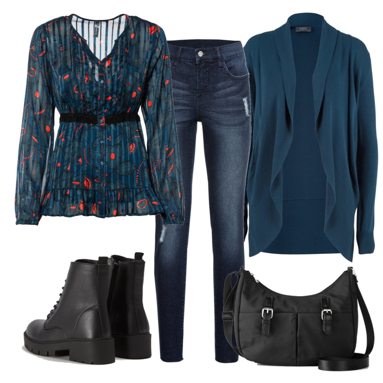 Outfit donna - Casual chic #23285. Stile Casual chic per Tutti i giorni. Abbinamento con cardigans, jeans strappati, camicie, borse a tracolla, anfibi.