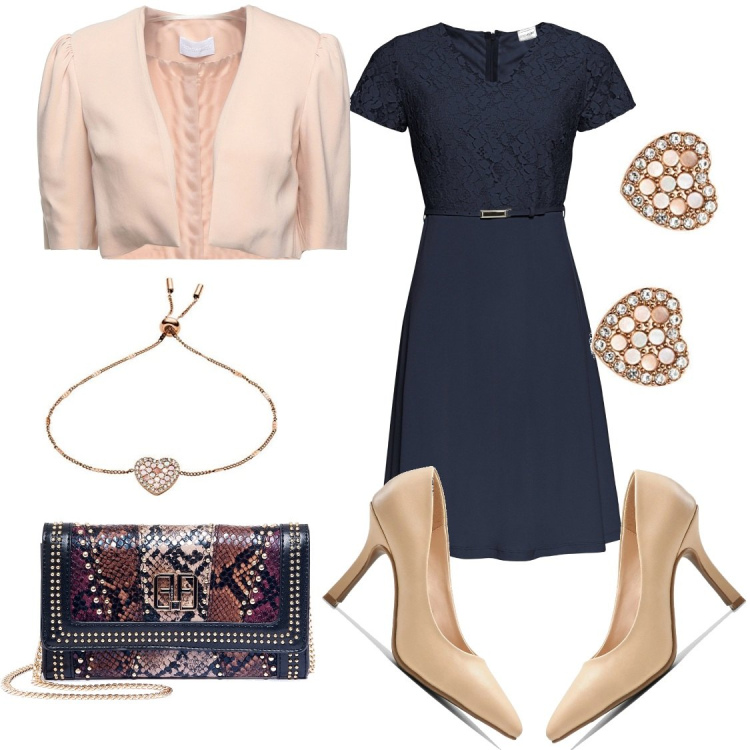 Outfit donna - Io & Matthias. Stile Bon Ton per Cerimonia. Abbinamento con vestiti corti, décolleté, bolero, pochette, orecchini, braccialetti.