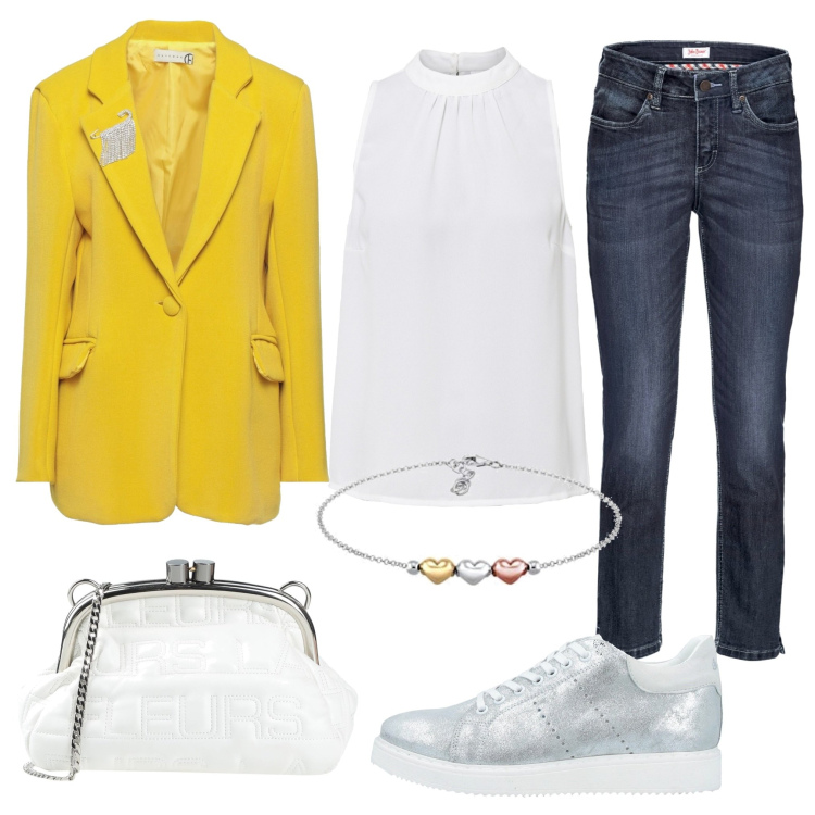 Outfit donna - Serata casual ma non troppo. Stile Casual chic per Serata fuori. Abbinamento con jeans, top, blazer, sneakers, borse a tracolla, braccialetti.
